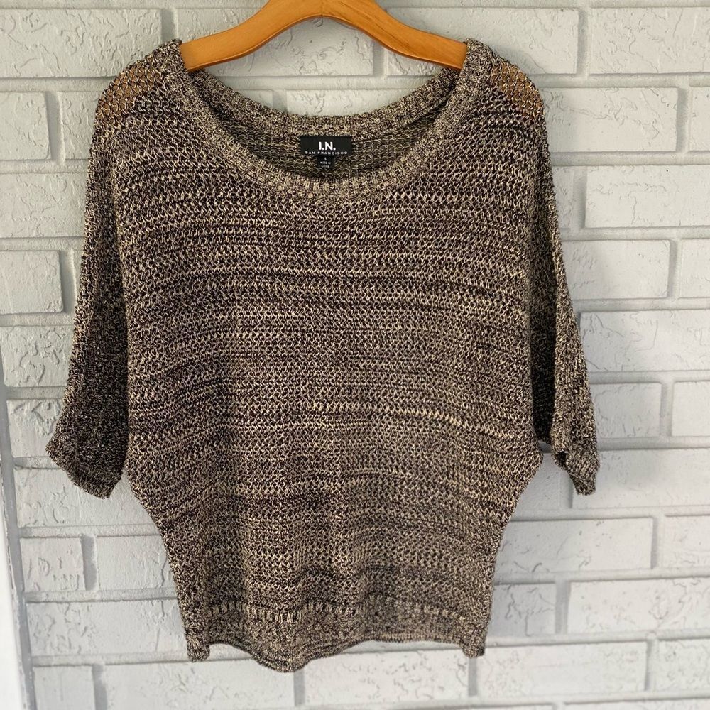 I.N. San Francisco Open Weave Light Knit Crop Top Brown Beige Gold Size Medium